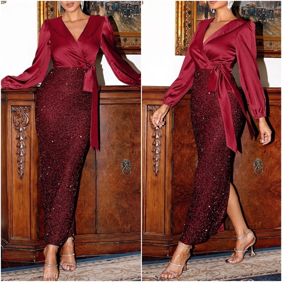 Luxe Satin Sequin Holiday Party Evening Formal Dress - Picture 2 of 7